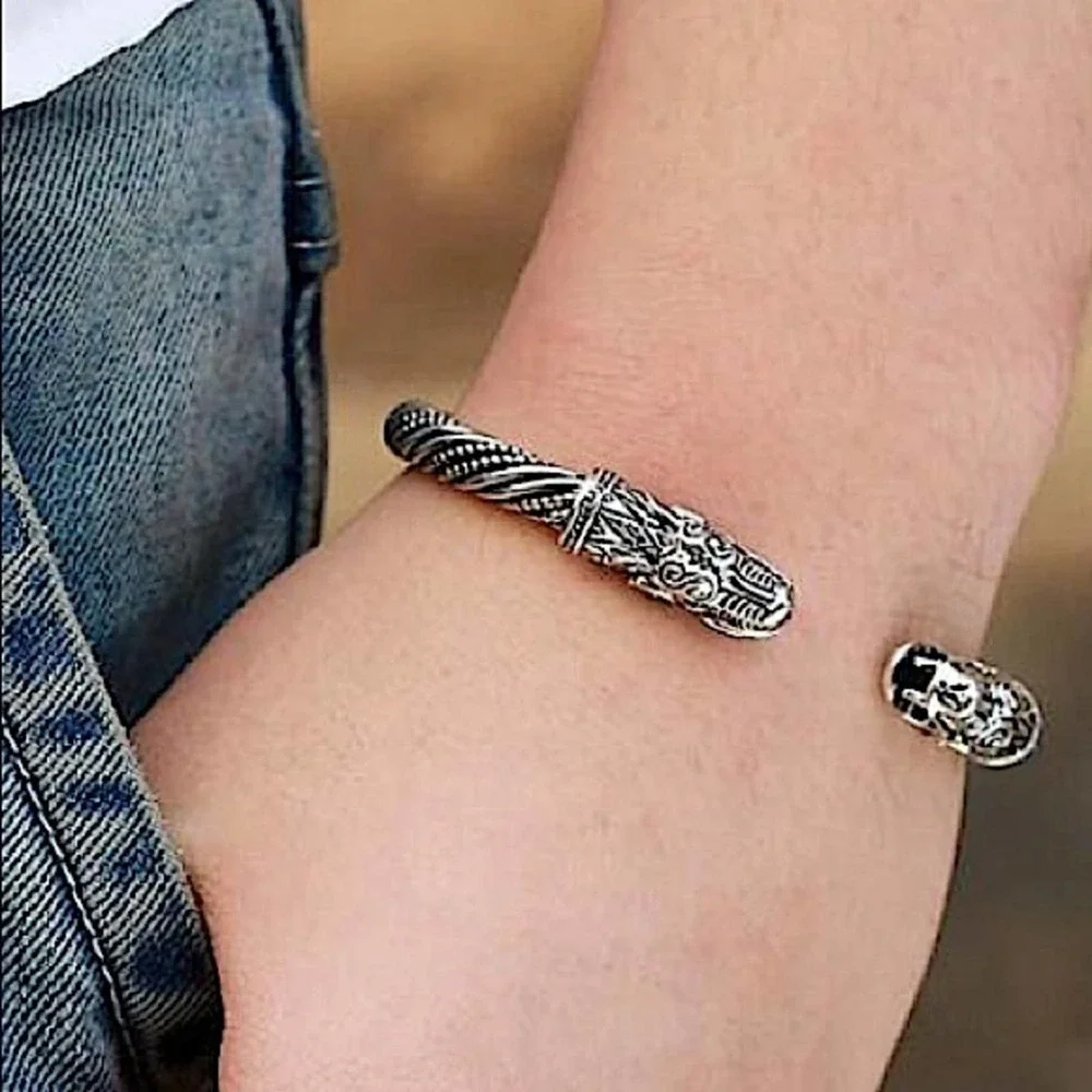 Sterling Silver Plated Serpent Viking Wolf Head Cuff Bracelet